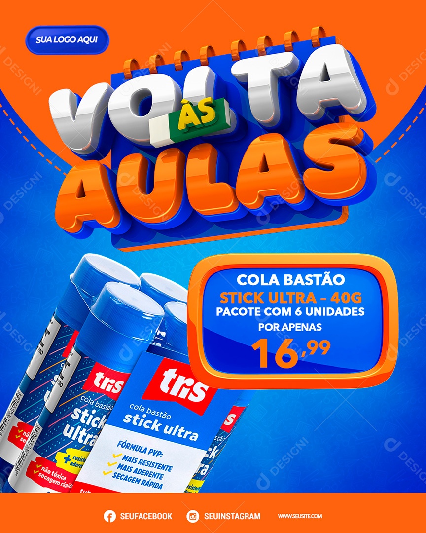 Post Volta às Aulas Cola Bastão Social Media PSD Editável