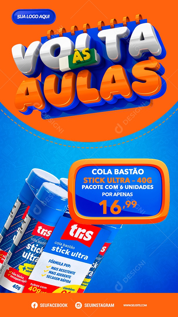 Post Stories Volta às Aulas Cola Bastão Social Media PSD Editável