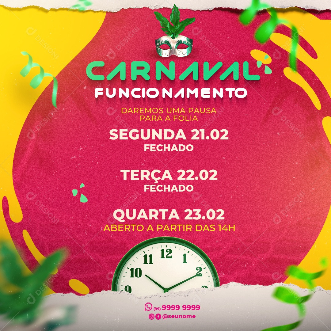 Post Carnaval Horário de Funcionamento Social Media PSD Editável