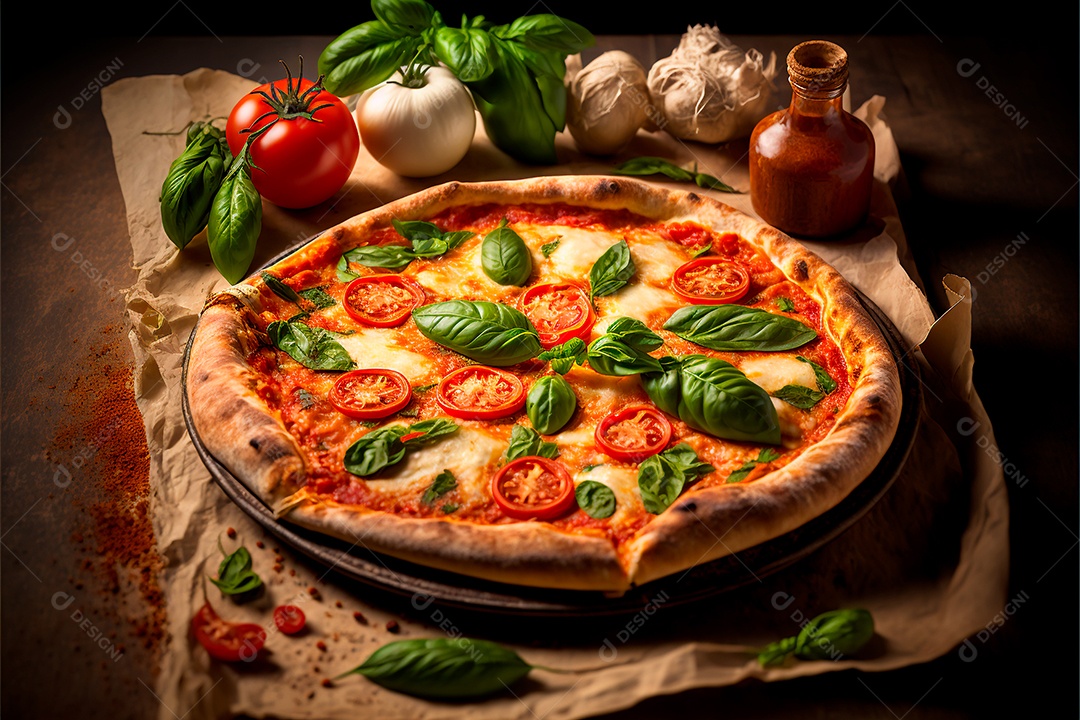 Pizza sobre uma mesa de uma pizzaria