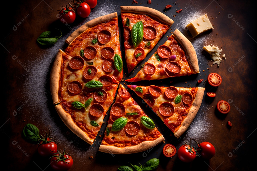 Pizza sobre uma mesa de uma pizzaria