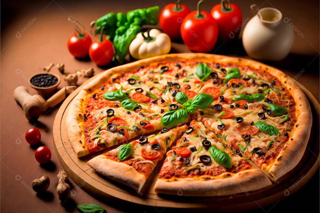 Pizza sobre uma mesa de uma pizzaria