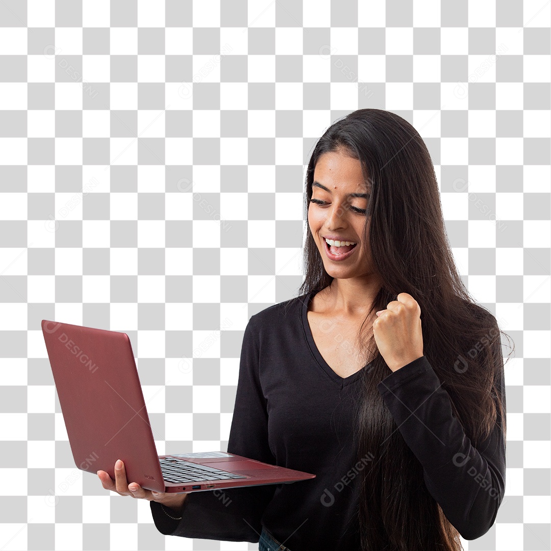 Linda Mulher Jovem Mexendo no Notebook PNG Transparente