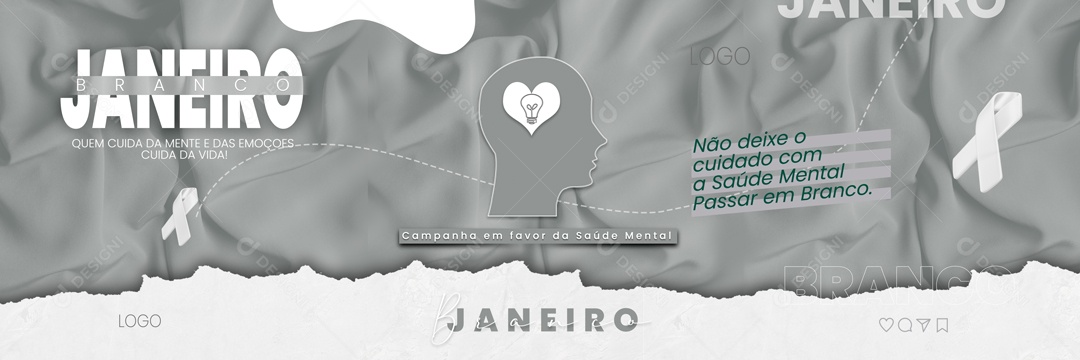 Banner Janeiro Branco Não Deixe o Cuidado Com a Saúde Mental Passar em Branco Social Media PSD Editável