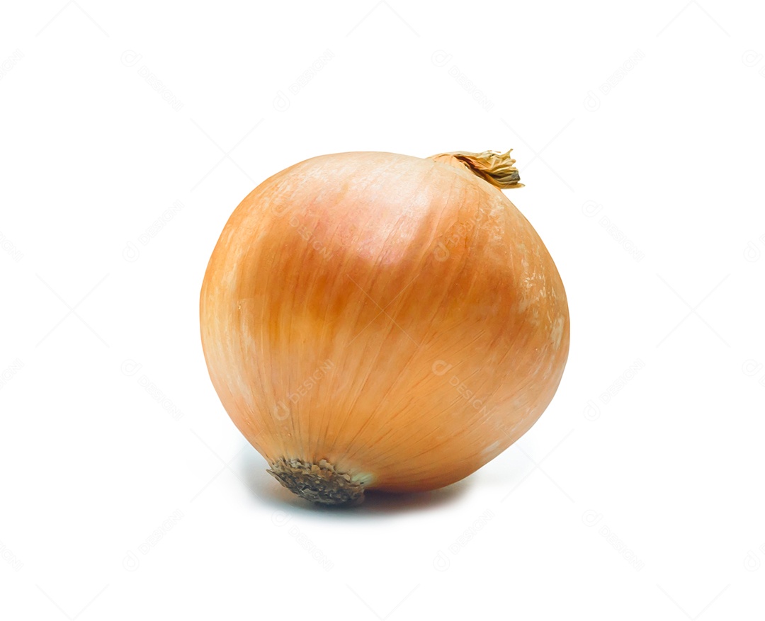 Uma cebola dourada fresca é isolada no fundo branco com traçado de recorte.