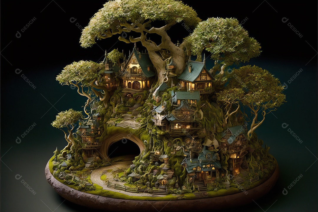 Uma floresta japonesa de sakura em flor de cerejeira encantada com aldeias de elfos