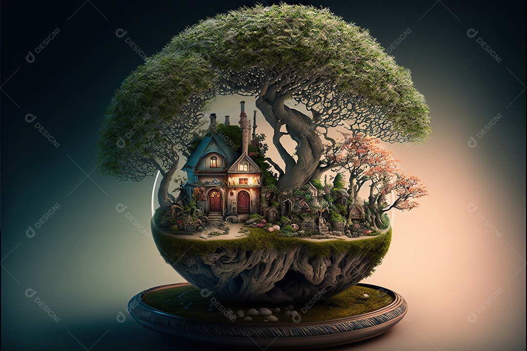 Uma floresta japonesa de sakura em flor de cerejeira encantada com aldeias de elfos