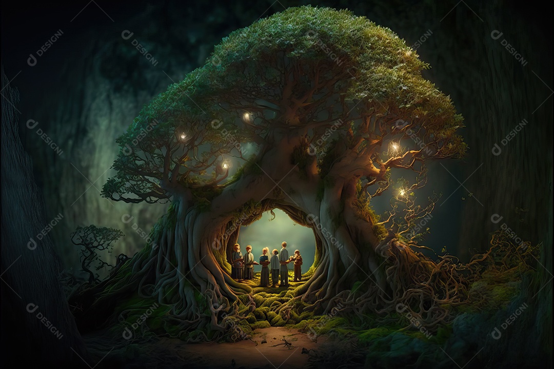 Uma floresta japonesa de sakura em flor de cerejeira encantada com aldeias de elfos