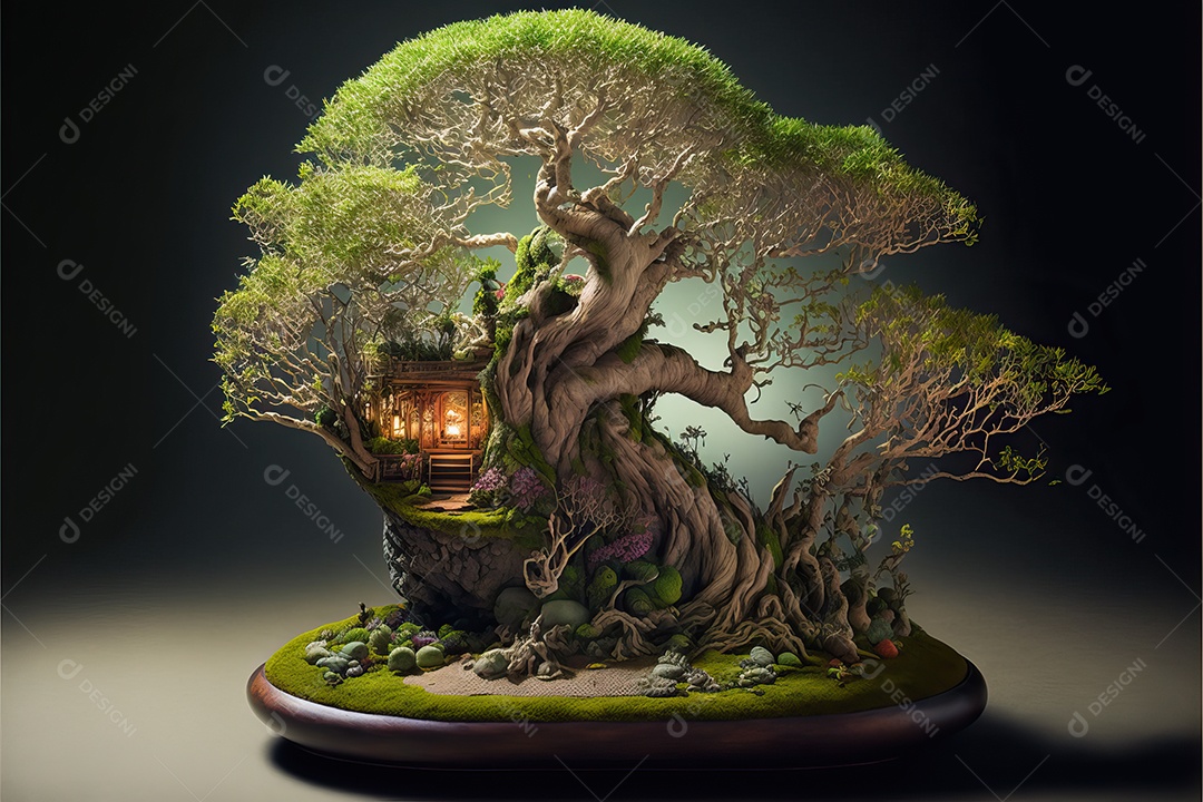 Uma floresta japonesa de sakura em flor de cerejeira encantada com aldeias de elfos