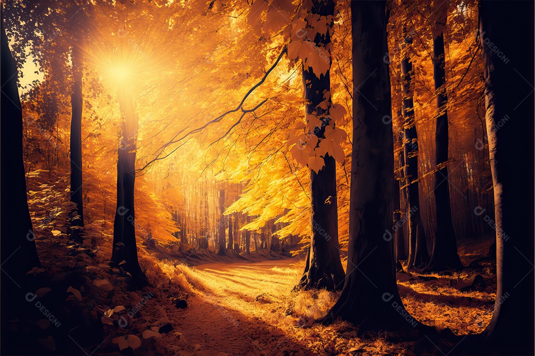 Bela floresta mágica de outono com grandes árvores amarelas