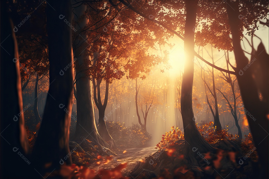 Bela floresta mágica de outono com grandes árvores amarelas