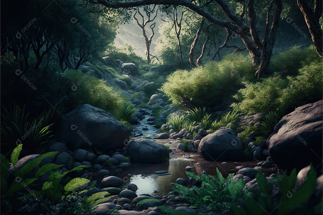 Bela floresta encantada de conto de fadas com grandes árvores