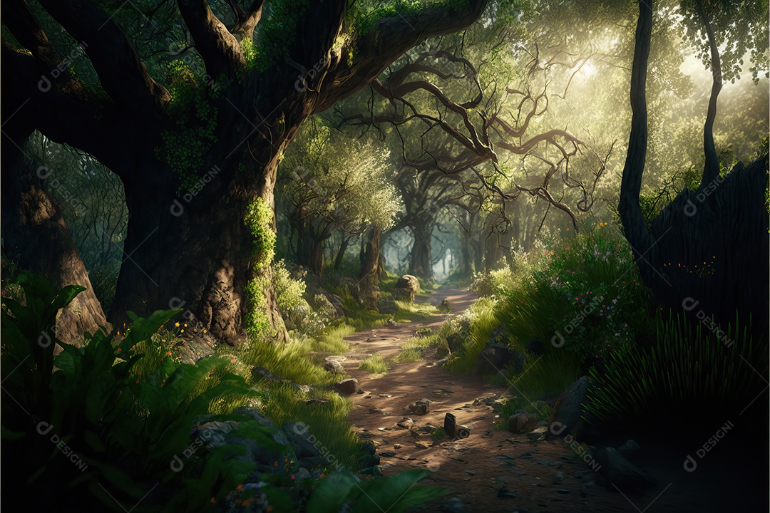 Bela floresta encantada de conto de fadas com grandes árvores