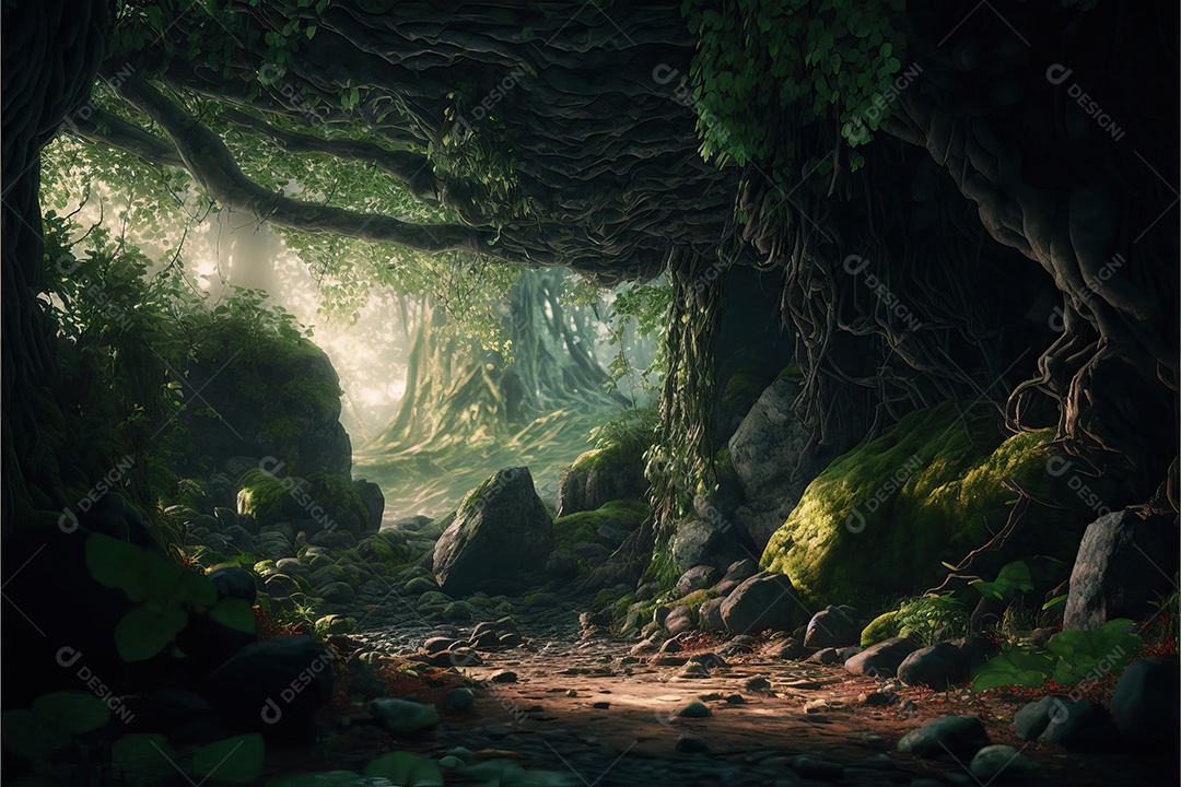 Bela floresta encantada de conto de fadas com grandes árvores