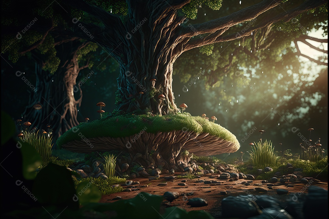 Bela floresta encantada de conto de fadas com grandes árvores