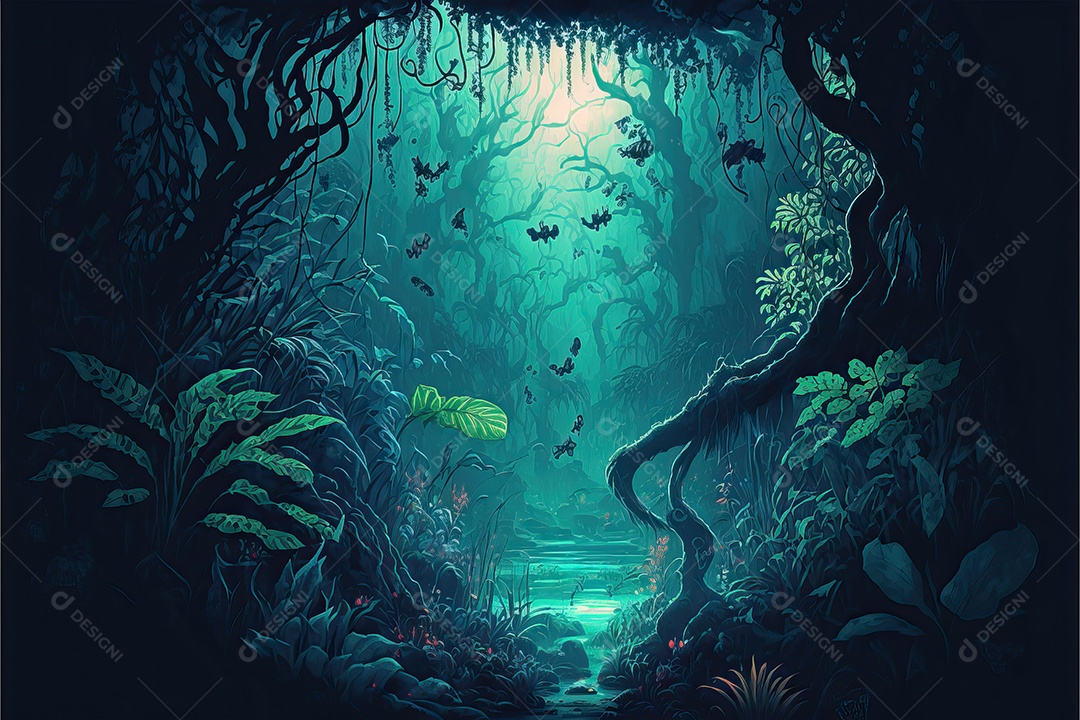 Bela floresta encantada de conto de fadas com grandes árvores