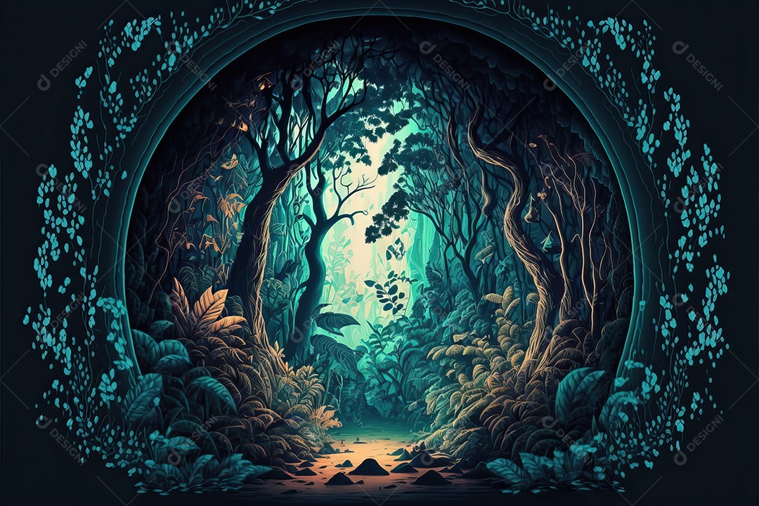 Bela floresta encantada de conto de fadas com grandes árvores