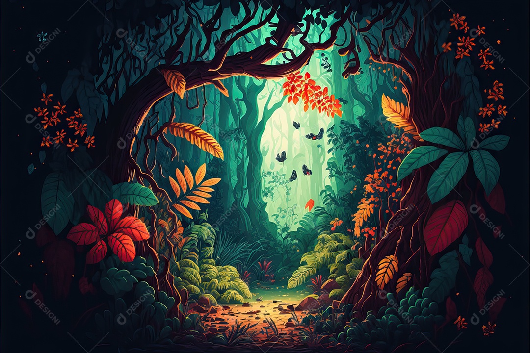 Bela floresta encantada de conto de fadas com grandes árvores