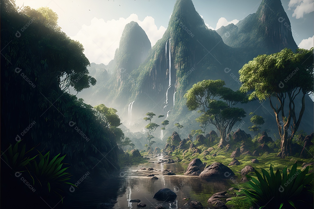 Bela floresta encantada de conto de fadas com grandes árvores