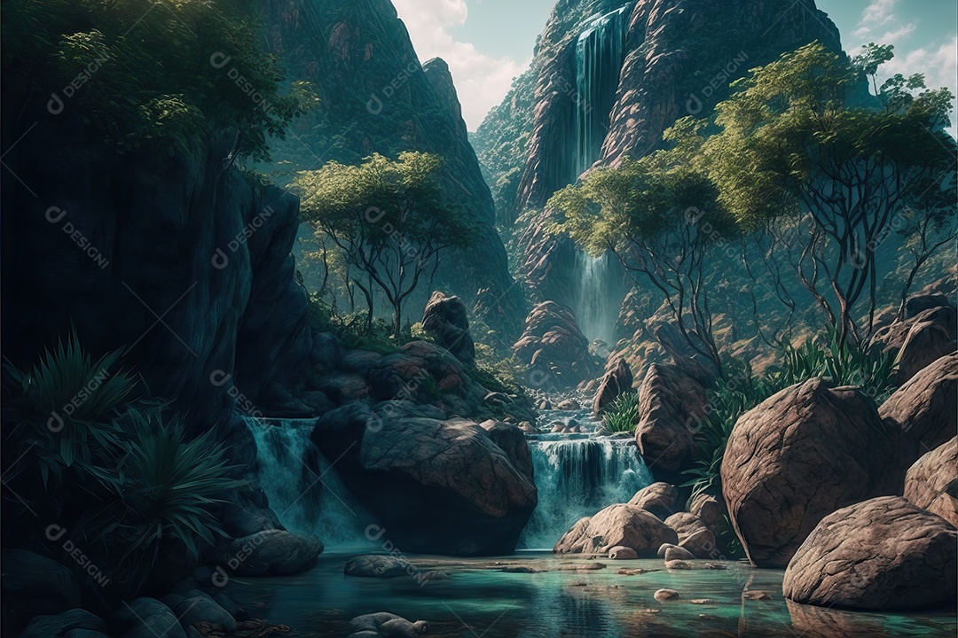 Bela floresta encantada de conto de fadas com grandes árvores