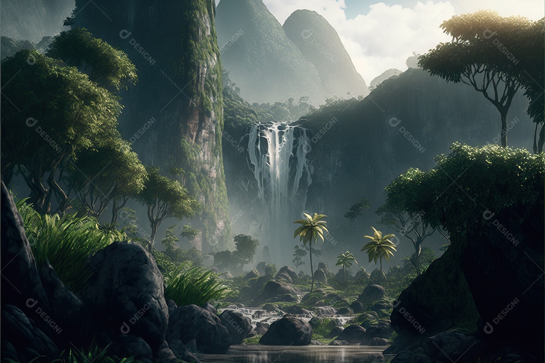 Bela floresta encantada de conto de fadas com grandes árvores