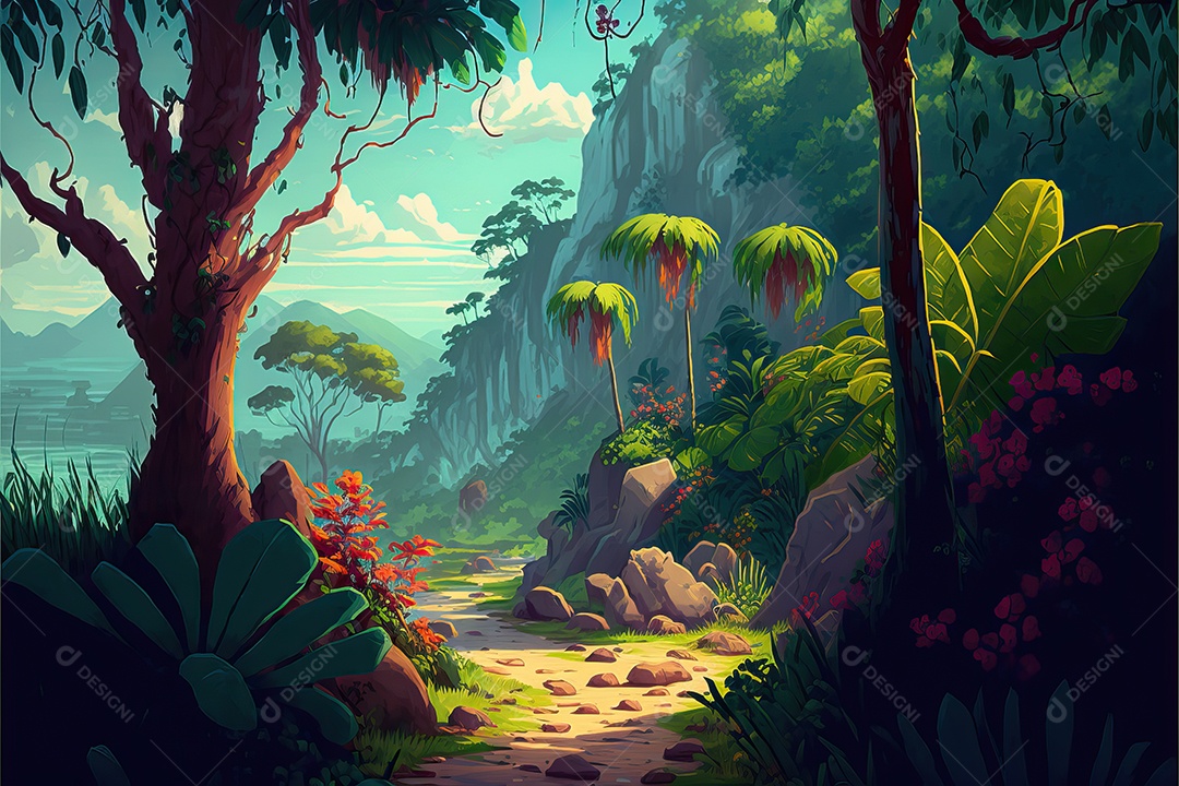 Bela floresta encantada de conto de fadas com grandes árvores