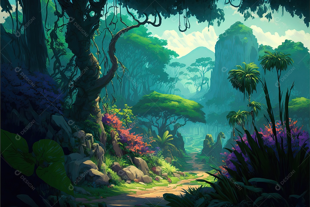 Bela floresta encantada de conto de fadas com grandes árvores