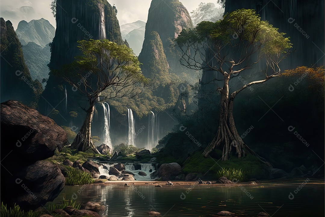 Bela floresta encantada de conto de fadas com grandes árvores