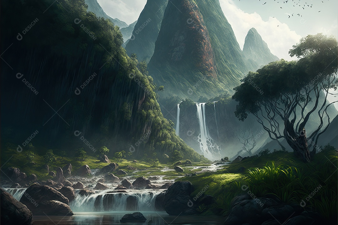 Bela floresta encantada de conto de fadas com grandes árvores