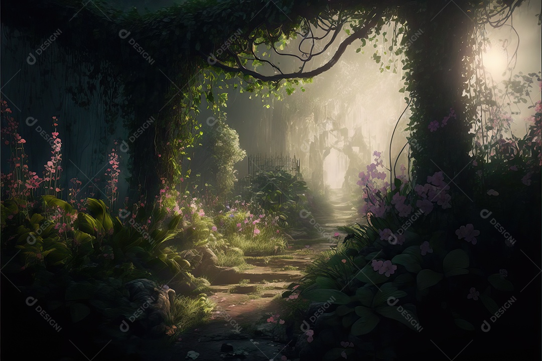 Uma linda floresta encantada de conto de fadas com grandes árvores e grandes