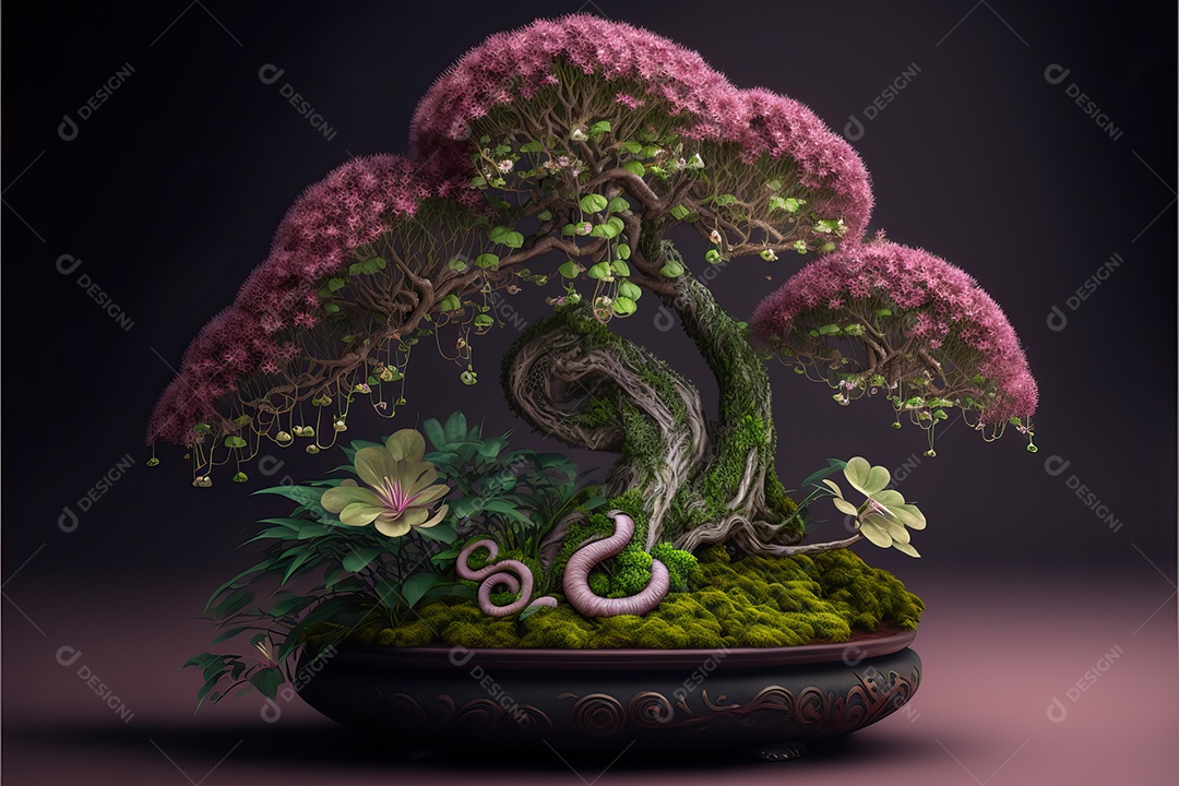 Uma floresta de bonsai japonesa de sakura em flor de cerejeira encantada