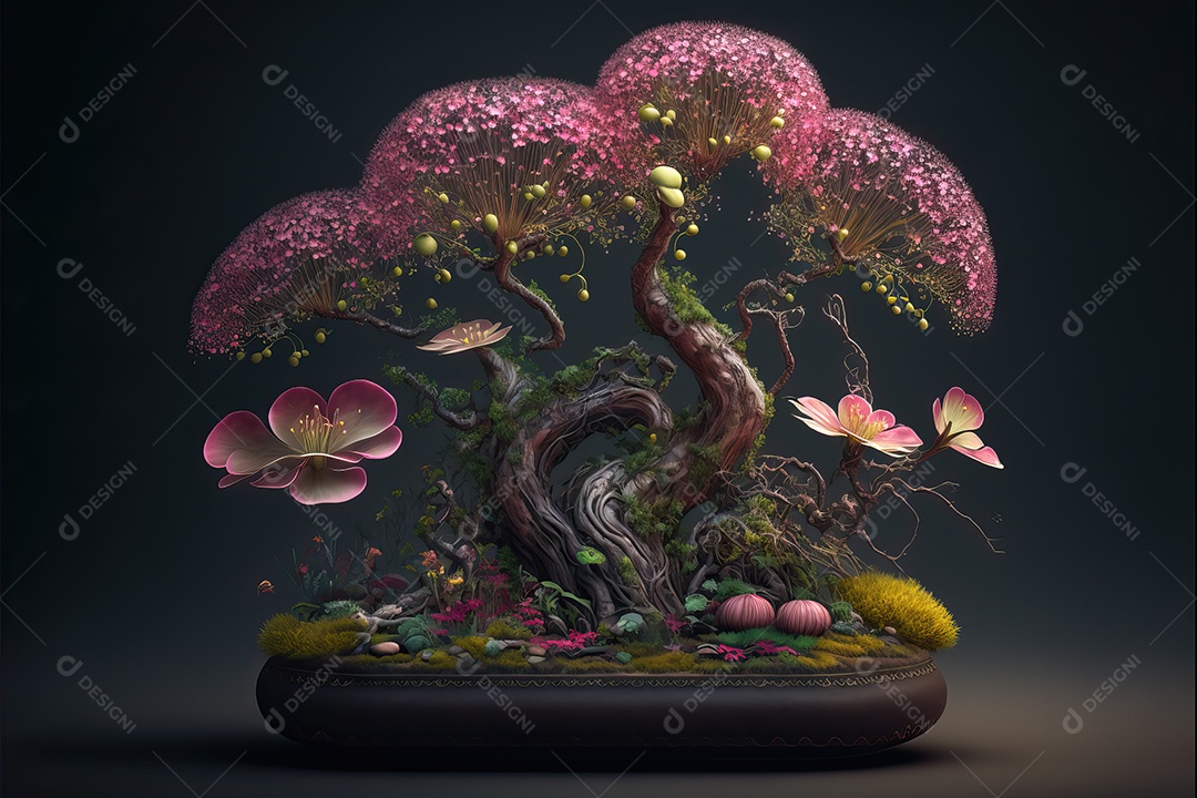 Uma floresta de bonsai japonesa de sakura em flor de cerejeira encantada