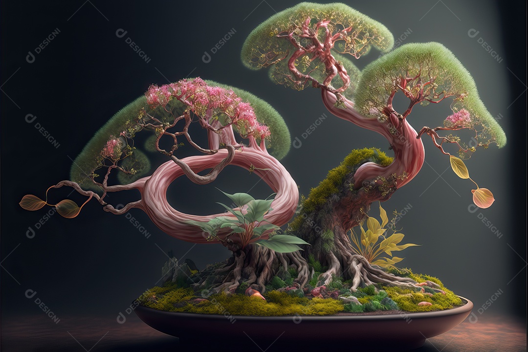 Uma floresta de bonsai japonesa de sakura em flor de cerejeira encantada