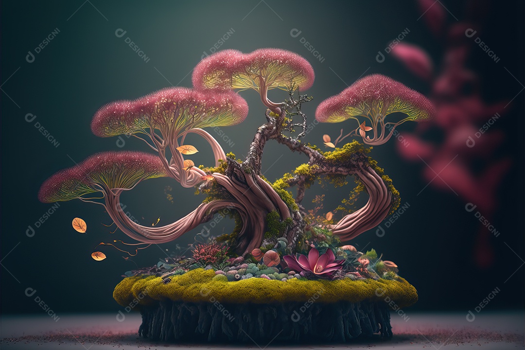 Uma floresta de bonsai japonesa de sakura em flor de cerejeira encantada