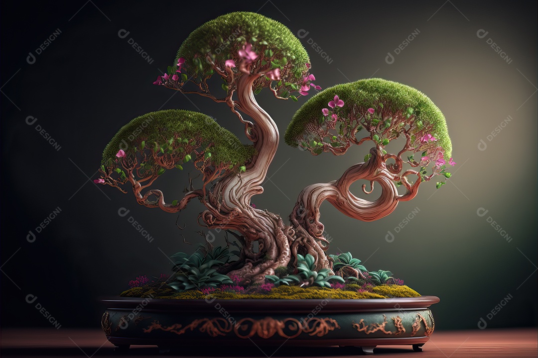 Uma floresta de bonsai japonesa de sakura em flor de cerejeira encantada