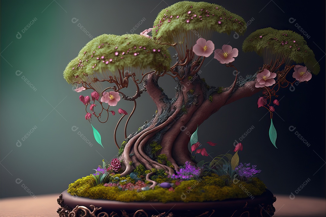 Uma floresta de bonsai japonesa de sakura em flor de cerejeira encantada