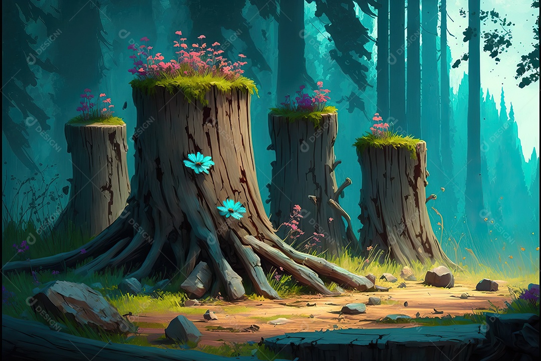 Uma linda floresta encantada de conto de fadas com troncos rústicos