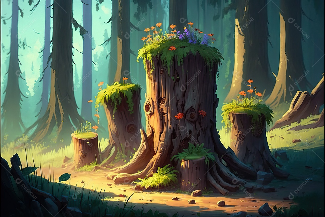 Uma linda floresta encantada de conto de fadas com troncos rústicos