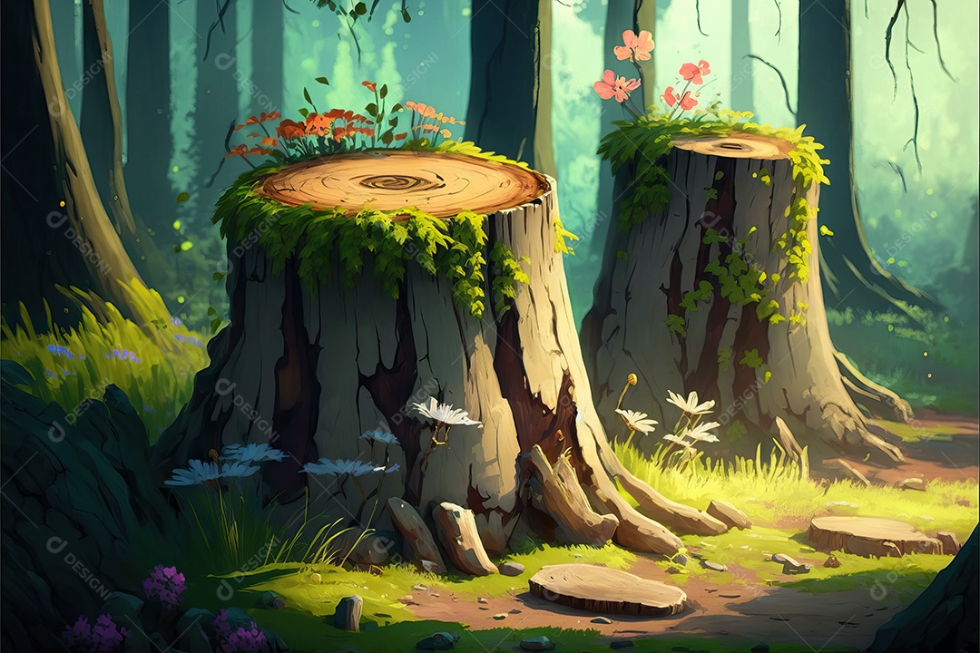 Uma linda floresta encantada de conto de fadas com troncos rústicos