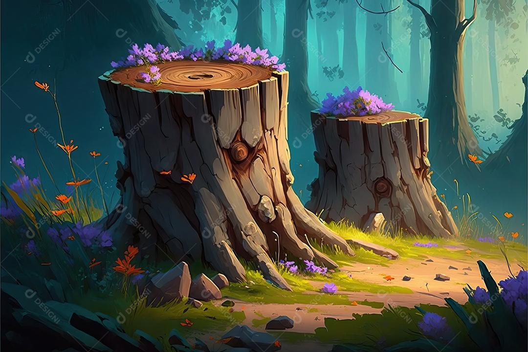 Uma linda floresta encantada de conto de fadas com troncos rústicos