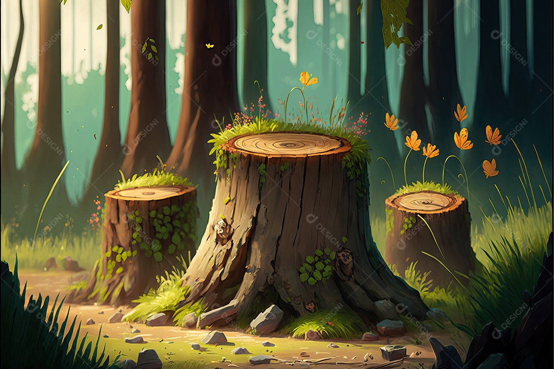 Uma linda floresta encantada de conto de fadas com troncos rústicos