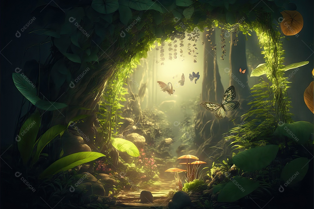 Um belo jardim secreto de conto de fadas com arcos de flores e beleza