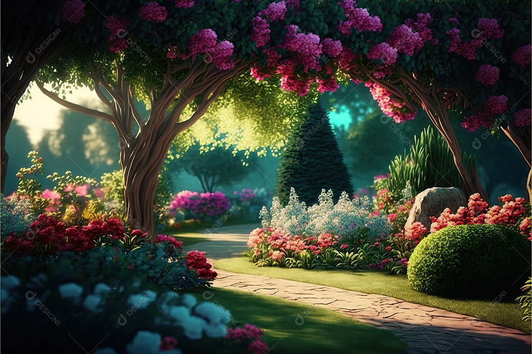 Uma linda floresta encantada de conto de fadas com grandes árvores, tropical