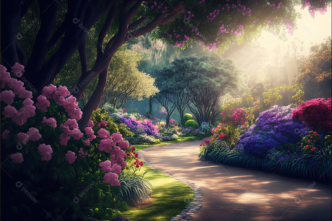 Uma linda floresta encantada de conto de fadas com grandes árvores, tropical