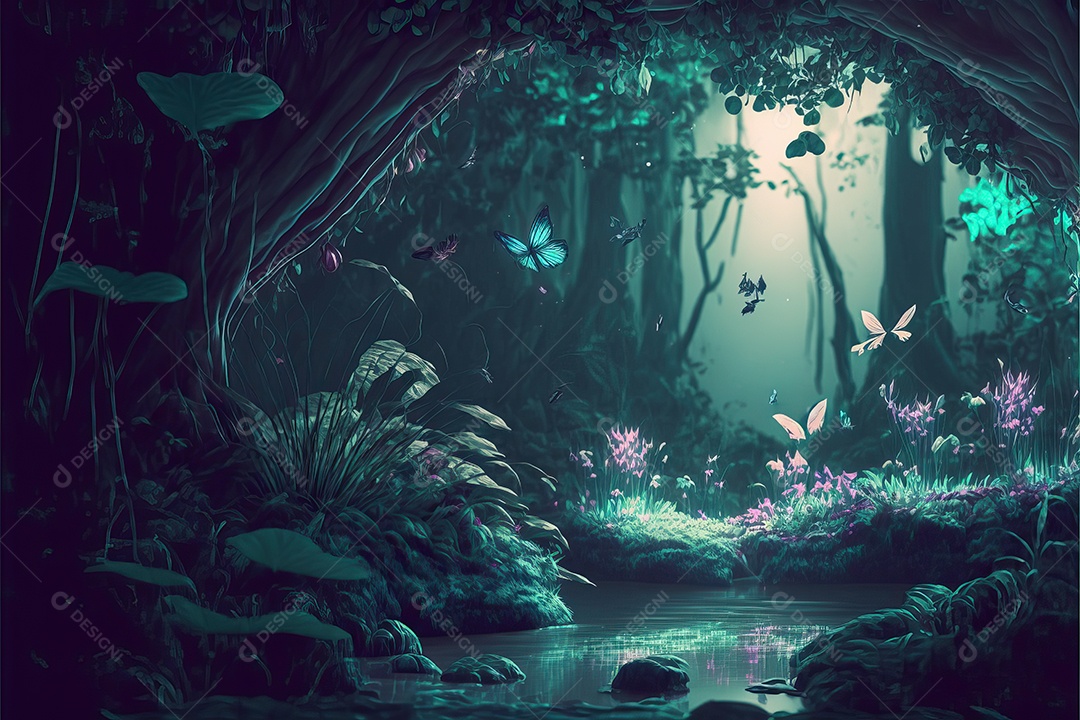 Uma linda floresta encantada de conto de fadas com grandes árvores, tropical