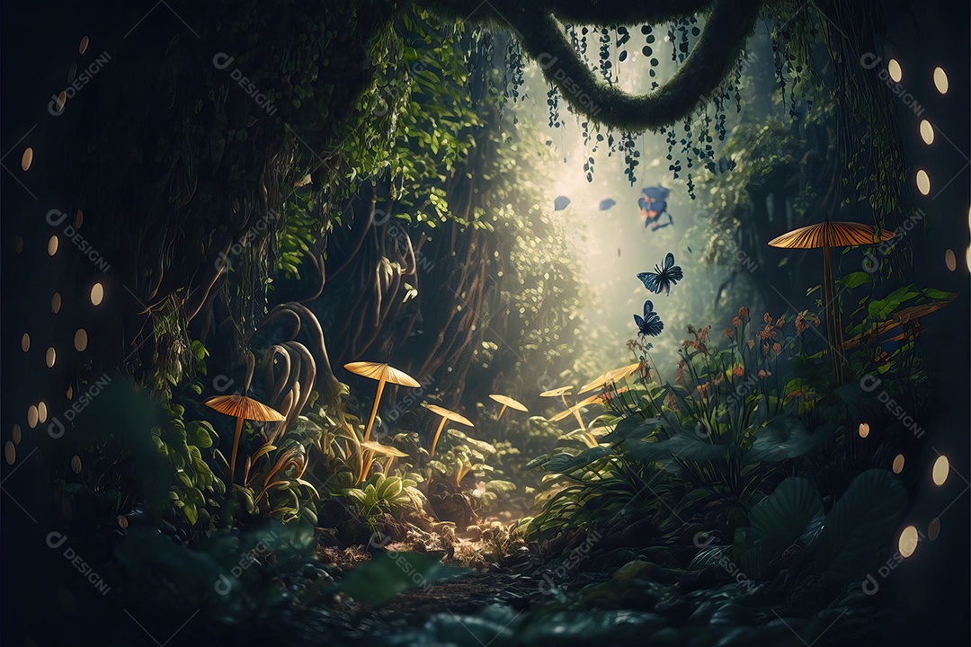 Uma linda floresta encantada de conto de fadas com grandes árvores, tropical