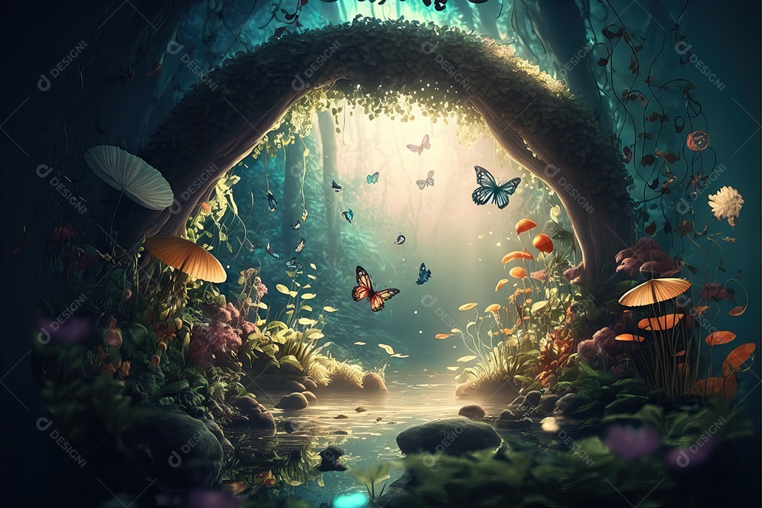 Uma linda floresta encantada de conto de fadas com grandes árvores, tropical