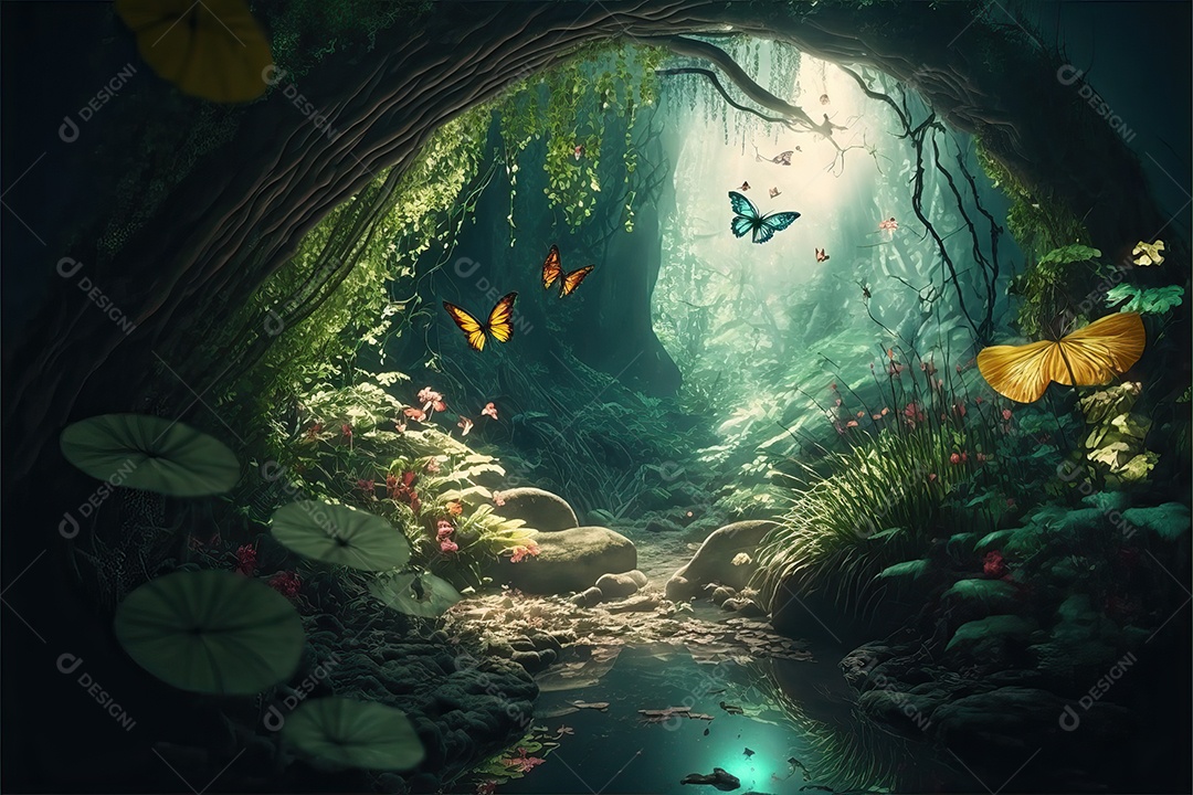 Uma linda floresta encantada de conto de fadas com grandes árvores, tropical