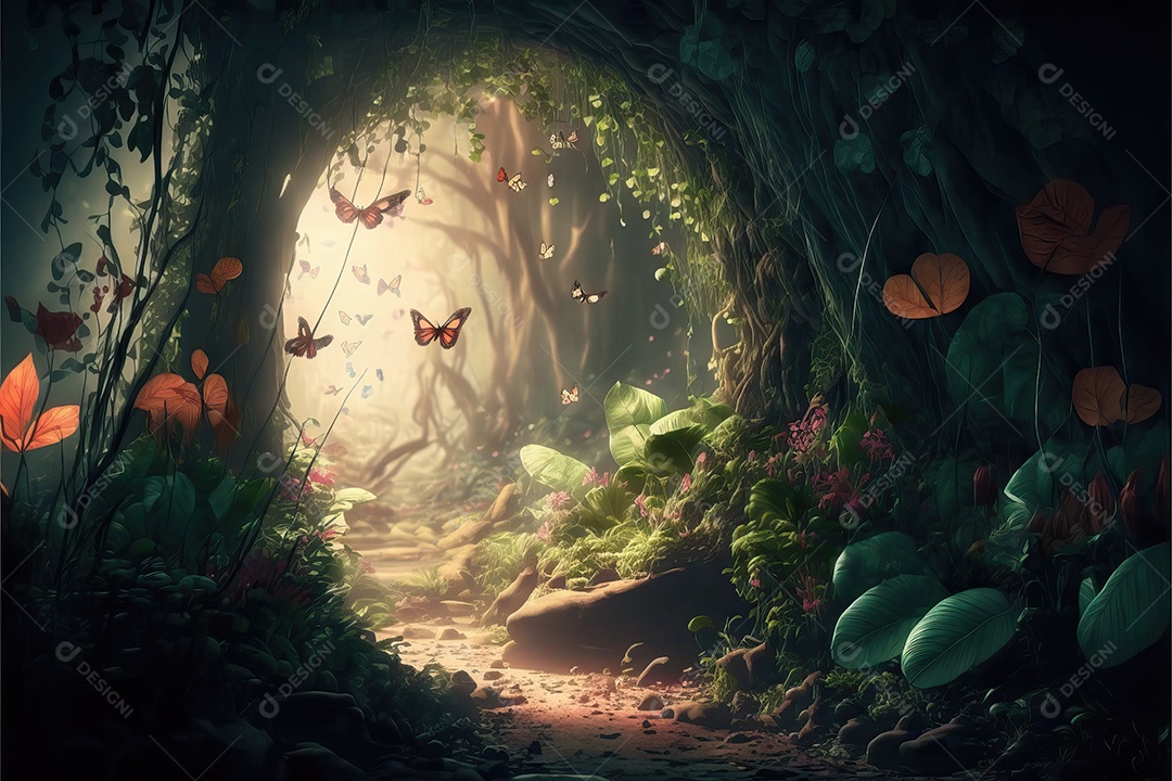 Uma linda floresta encantada de conto de fadas com grandes árvores, tropical