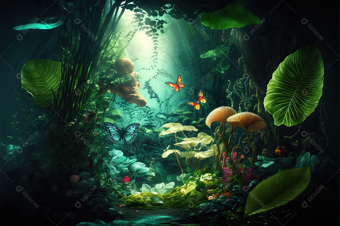 Uma linda floresta encantada de conto de fadas com grandes árvores, tropical